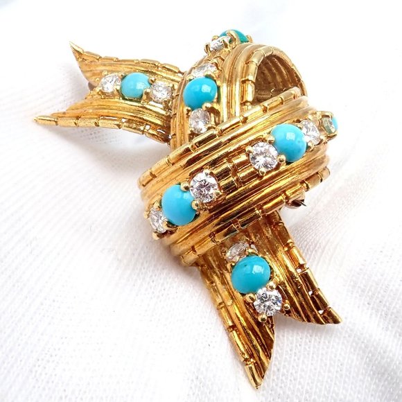 Vintage Tiffany & Co. 18k Yellow Gold Diamond Turquoise Bamboo Bow Pin Brooch - Picture 7 of 11